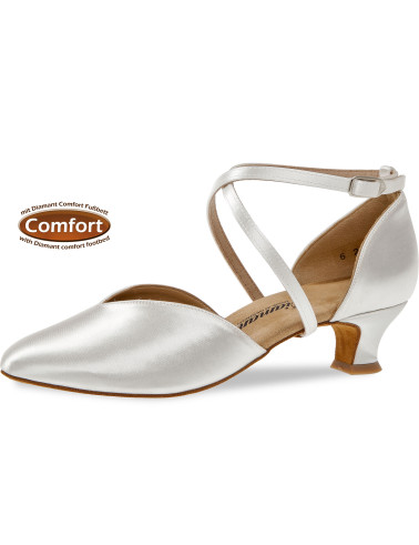 107 Diamant - Chaussure de danse en V en satin blanc, semelle confort à talon 4cm