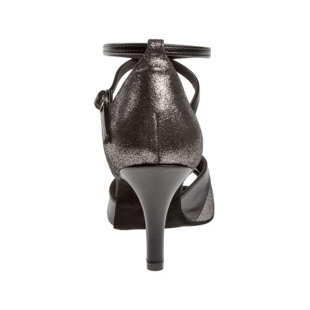 141-058-420 - Dance shoes in black leather and glittery nubuck with 7.5cm thin heels - Diamant