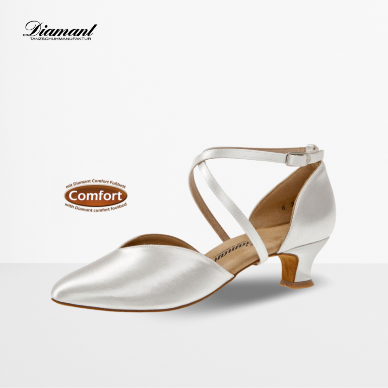 Chaussures de danse V en satin blanc et semelle de confort avec talons de 4,2 cm - Diamant